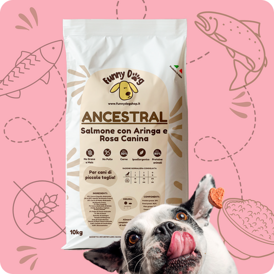 Crocchette ANCESTRAL IPOALLERGENICHE con Salmone, Aringa e Rosa canina per cani di piccola taglia