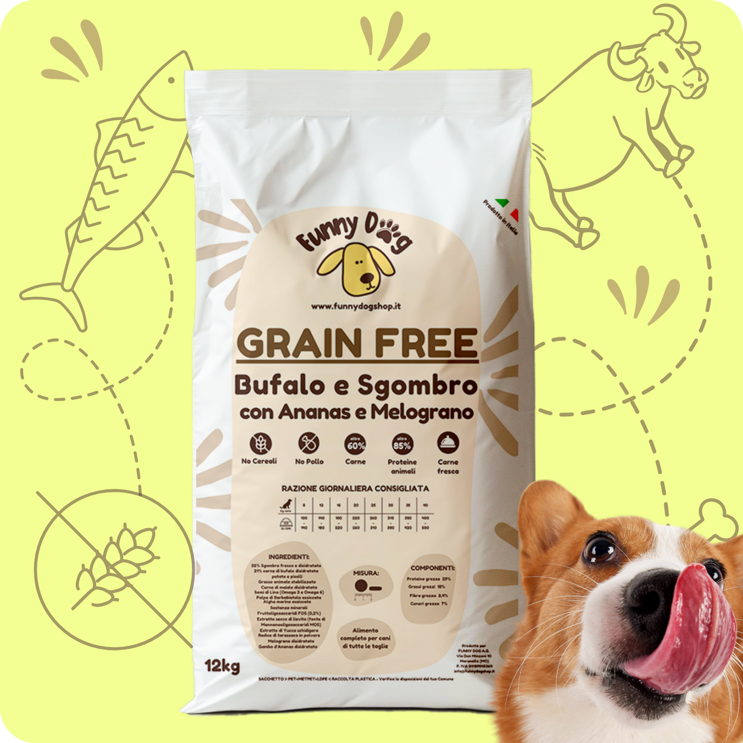 Crocchette GRAIN FREE con Bufalo, Sgombro, Ananas e Melograno per cani di tutte le taglie