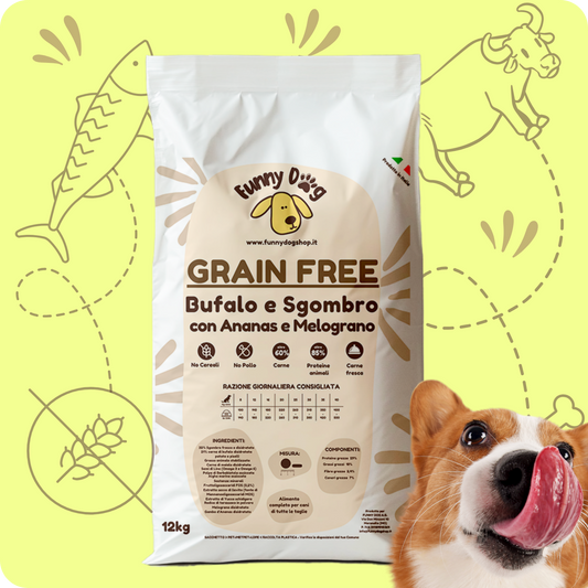 Crocchette GRAIN FREE con Bufalo, Sgombro, Ananas e Melograno per cani di tutte le taglie