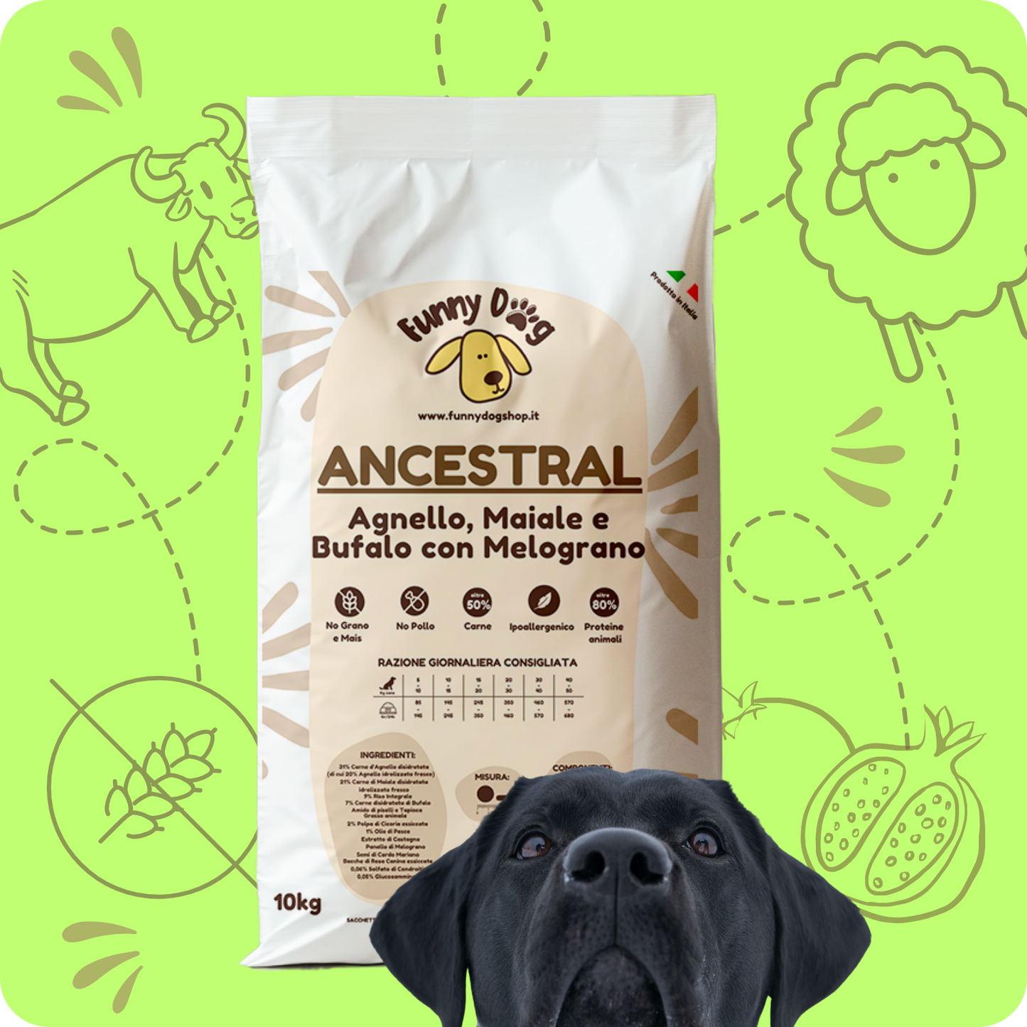Crocchette ANCESTRAL IPOALLERGENICHE con Agnello, Maiale, Bufalo e Melograno per cani di tutte le taglie