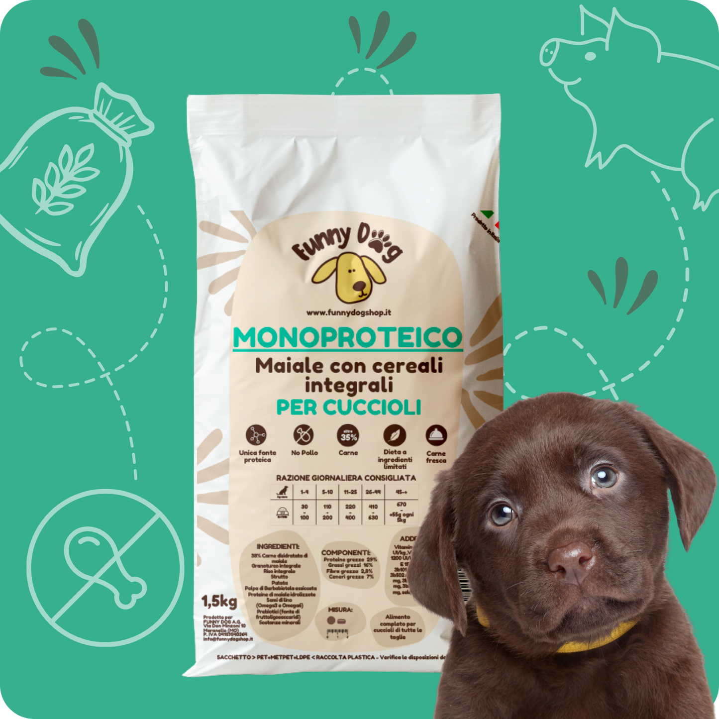 Crocchette MONOPROTEICHE con Maiale e Cereali Integrali per CUCCIOLI