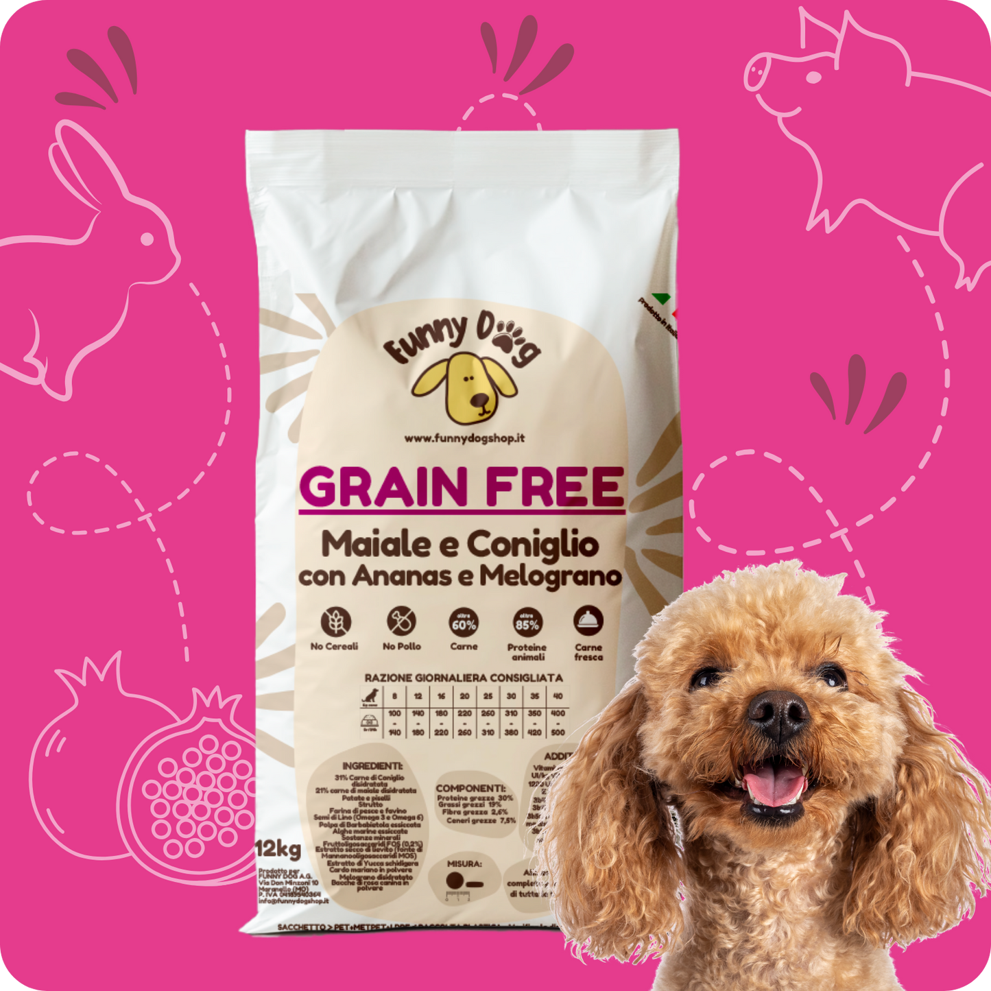 Crocchette GRAIN FREE con Maiale, Coniglio, Ananas e Melograno per cani di tutte le taglie