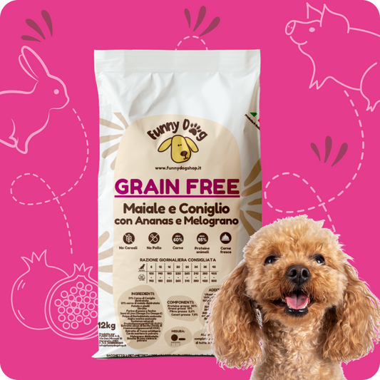 Crocchette GRAIN FREE con Maiale, Coniglio, Ananas e Melograno per cani di tutte le taglie