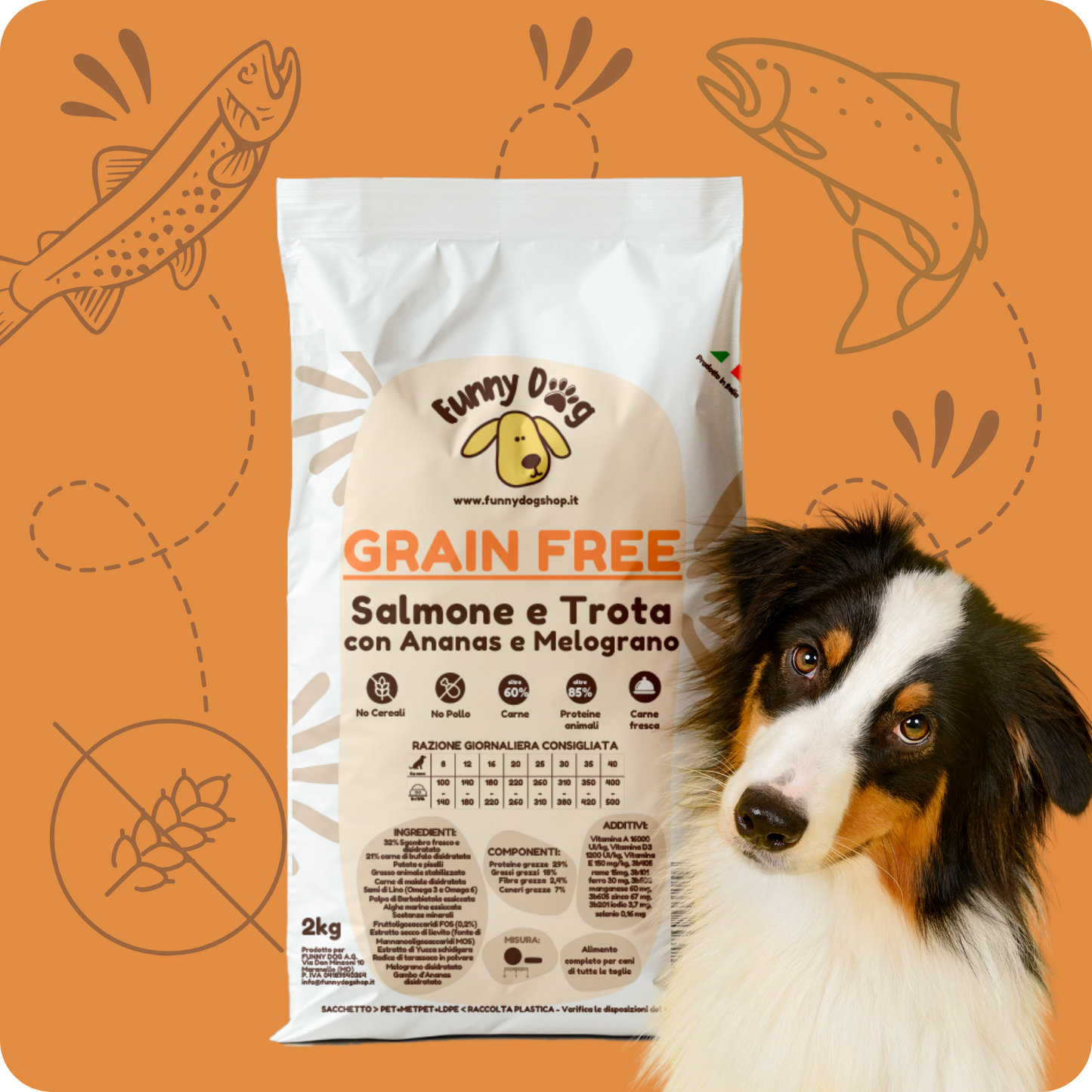 Crocchette GRAIN FREE con Salmone, Trota, Ananas e Melograno per cani di tutte le taglie