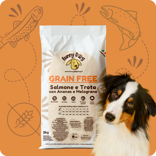 Crocchette GRAIN FREE con Salmone, Trota, Ananas e Melograno per cani di tutte le taglie