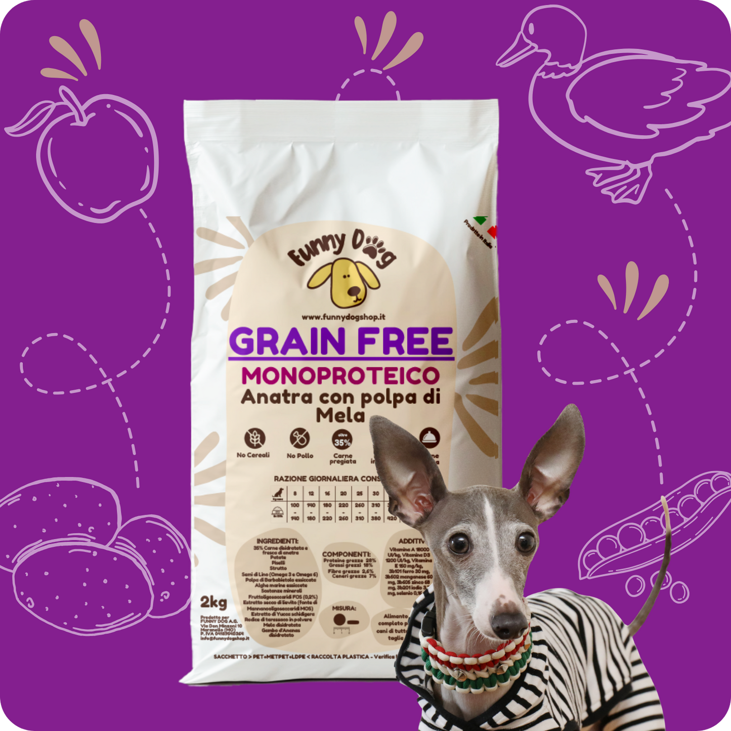 Crocchette GRAIN FREE e MONOPROTEICHE con Anatra e Polpa di Mela per cani di tutte le taglie