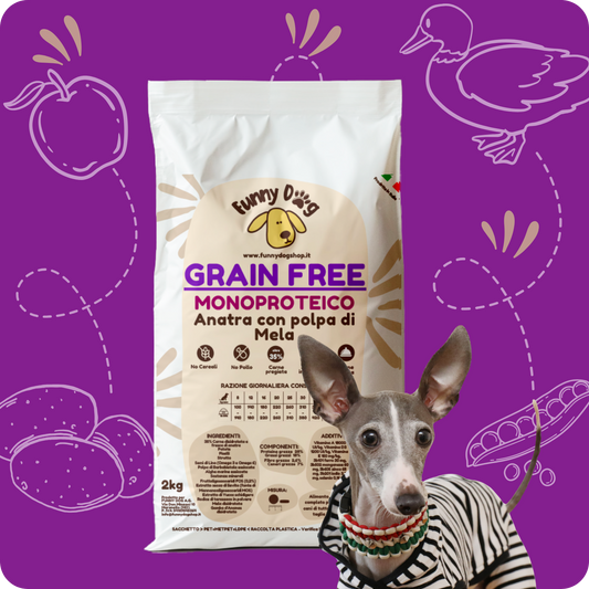 Crocchette GRAIN FREE e MONOPROTEICHE con Anatra e Polpa di Mela per cani di tutte le taglie