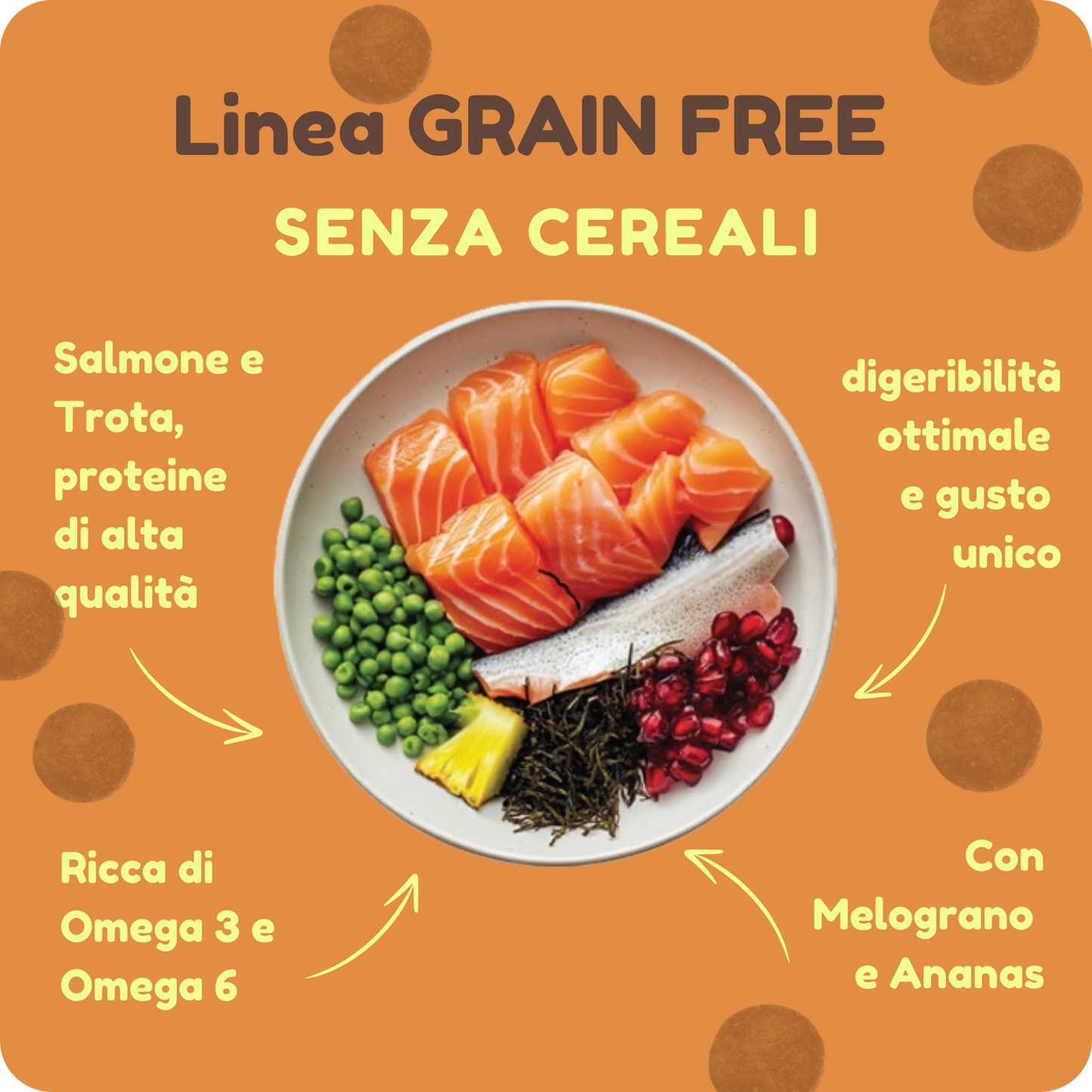 Crocchette GRAIN FREE con Salmone, Trota, Ananas e Melograno per cani di tutte le taglie