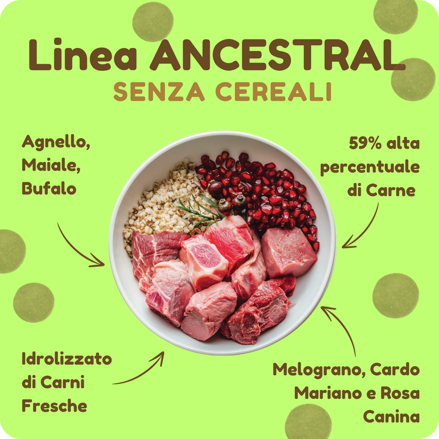Crocchette ANCESTRAL IPOALLERGENICHE con Agnello, Maiale, Bufalo e Melograno per cani di tutte le taglie