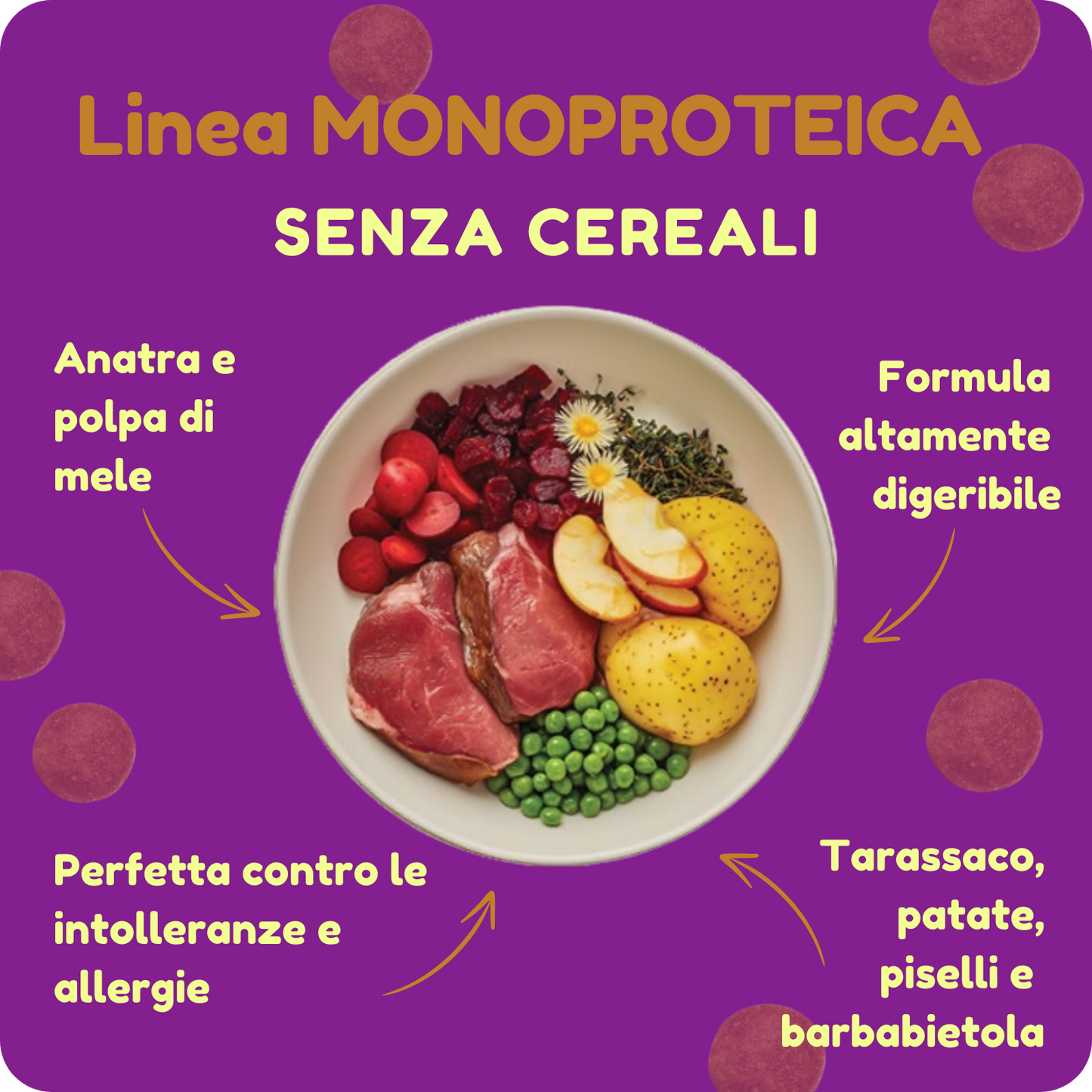 Crocchette GRAIN FREE e MONOPROTEICHE con Anatra e Polpa di Mela per cani di tutte le taglie