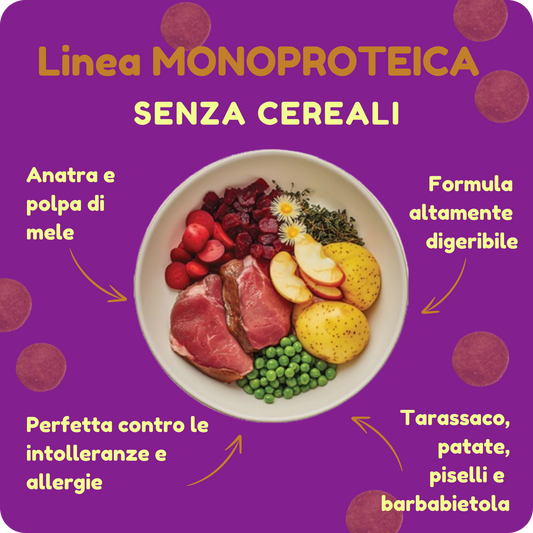 Crocchette GRAIN FREE e MONOPROTEICHE con Anatra e Polpa di Mela per cani di tutte le taglie